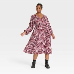 Ava & Viv burgindy crimson white mod swirl wrap look dress belted long sleeve
